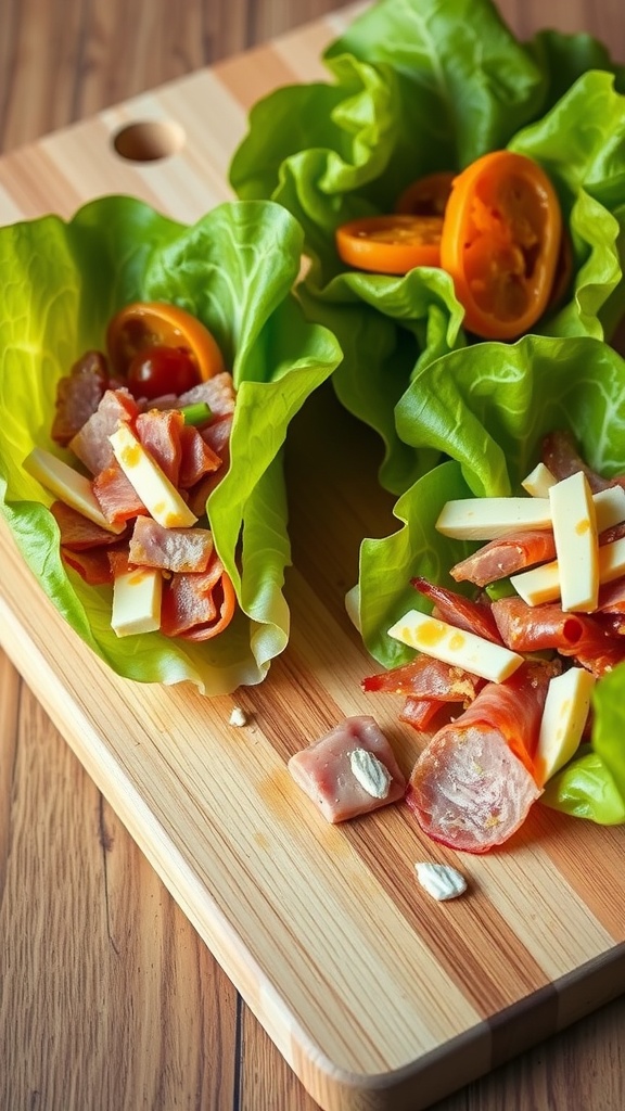 Lettuce wraps filled with deli meats, cheese, and vegetables arranged on a wooden cutting board.