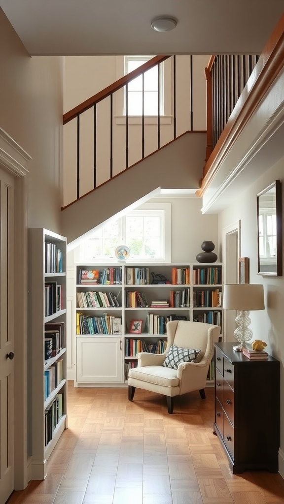 Cozy library space under the stairs with bookshelves and a comfortable chair.