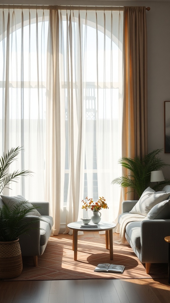 Living room with light-filtering sheer curtains allowing soft natural light in