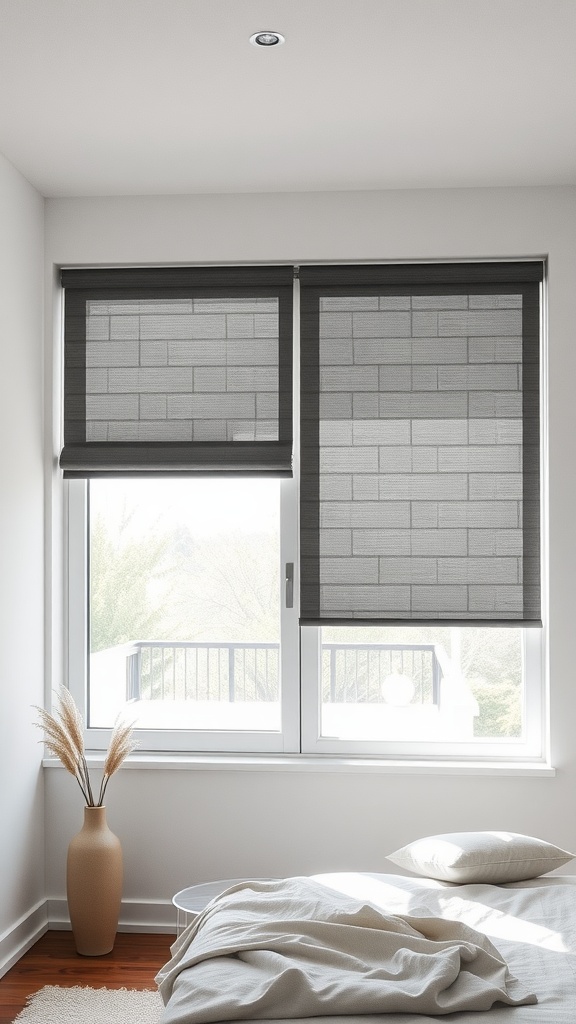 A bedroom with light filtering roller shades on the window, featuring a minimalist design.