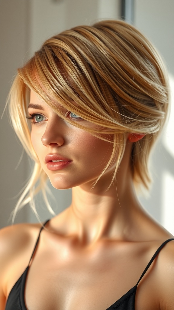 A woman with light honey blonde hair styled in a chic bob, showcasing a glossy finish.