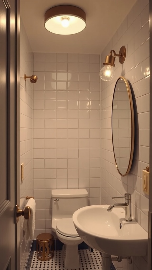 A small bathroom featuring modern lighting fixtures, including a ceiling light and a wall sconce, with white tiles and a round mirror.