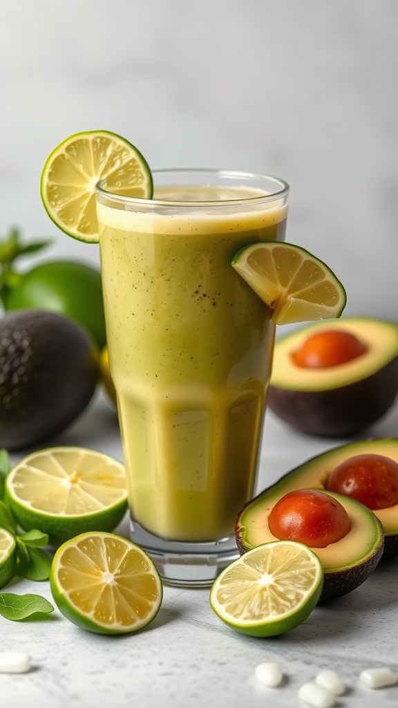 A refreshing lime avocado protein smoothie in a tall glass, garnished with lime slices, surrounded by fresh limes and avocados.