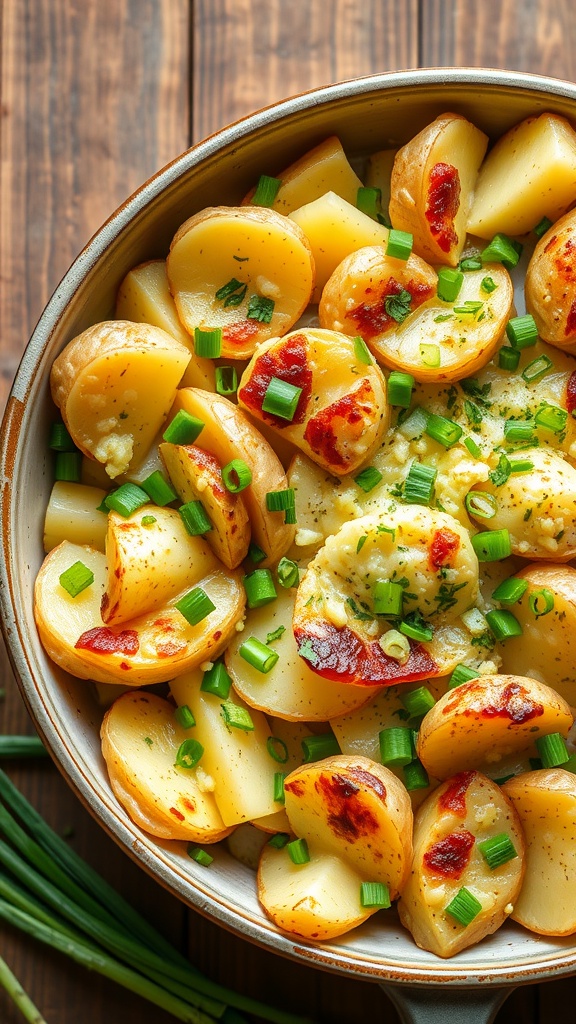 A dish of loaded scalloped potatoes topped with greens and herbs