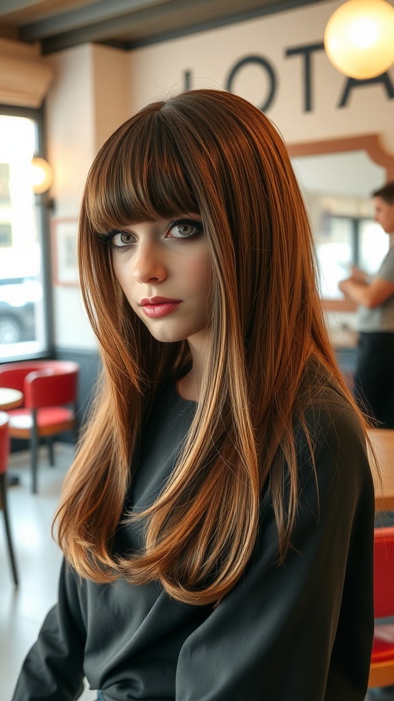 A woman with long shag hair and curtain bangs, styled casually in a cafe setting.