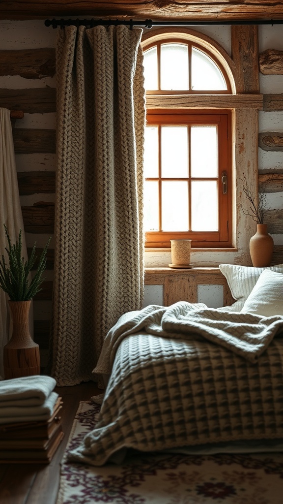 A cozy bedroom with loom knitted curtain panels, a neatly made bed, and rustic decor.