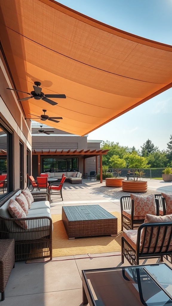 Outdoor patio lounge area with sun shades and comfortable seating