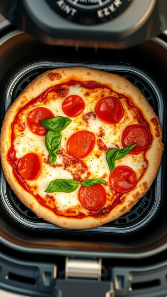 A delicious low-carb pizza with pepperoni and basil in an air fryer.