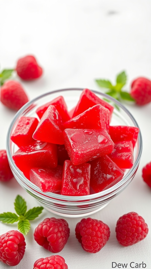 A bowl of bright red raspberry gummies with fresh raspberries around it.