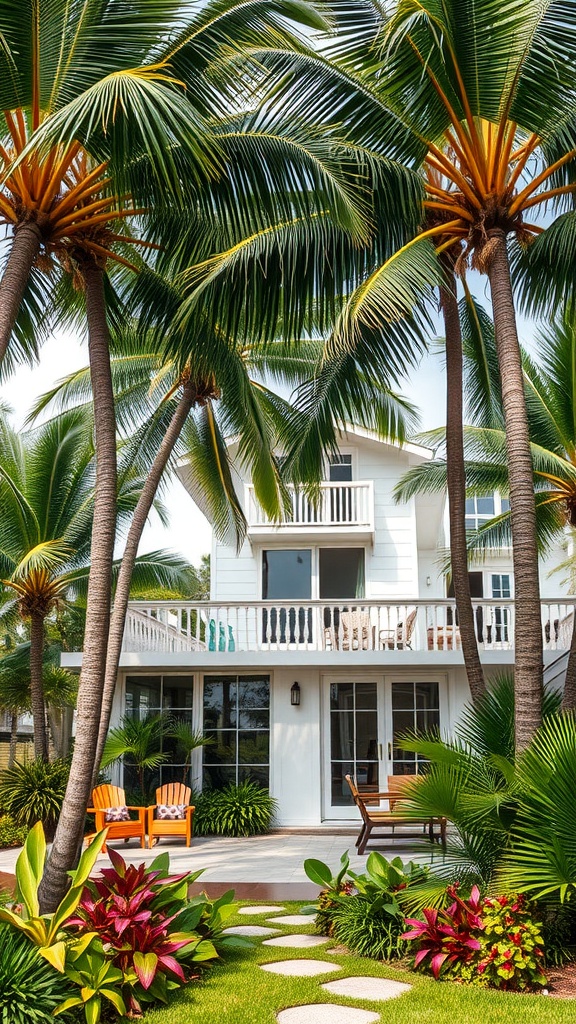 A tropical house exterior with palm trees and colorful plants.
