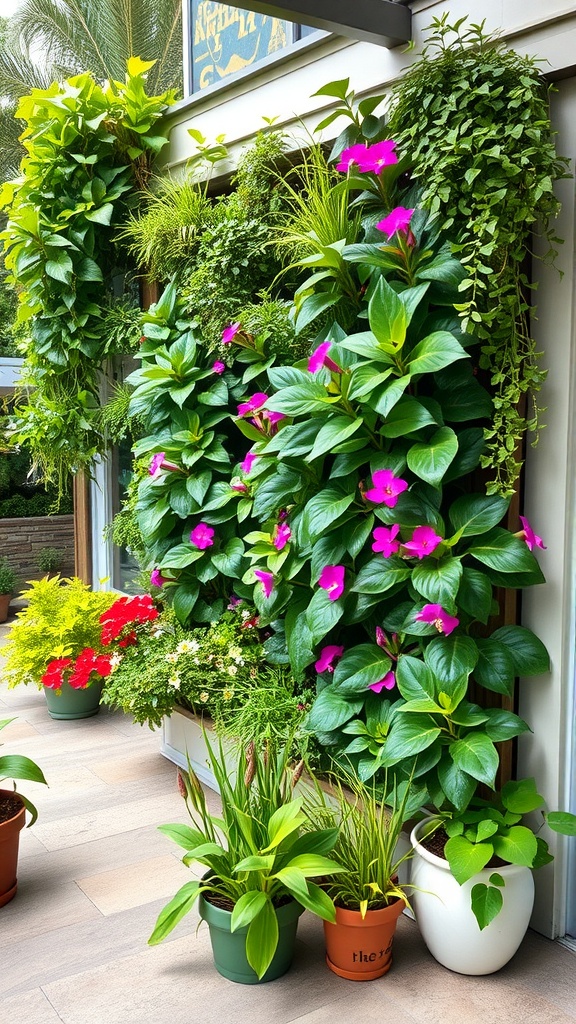 A vibrant vertical garden with various green plants and pink flowers.