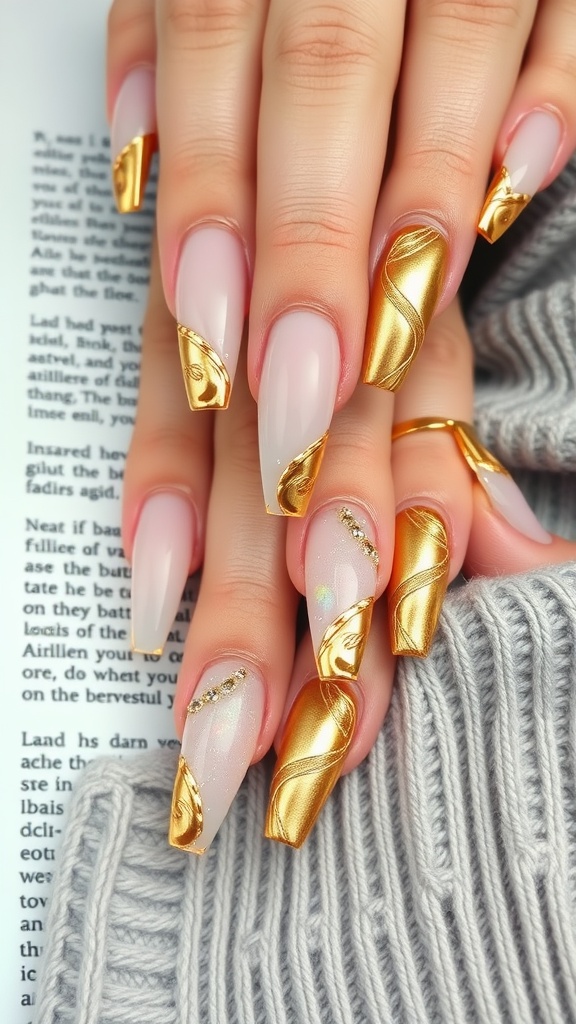 A close-up of acrylic coffin nails featuring gold foil designs, showing a mix of nude and gold colors.