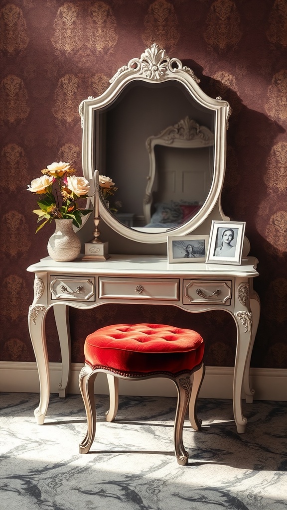 A velvet upholstered vanity stool next to a vintage vanity with a mirror and floral decor.