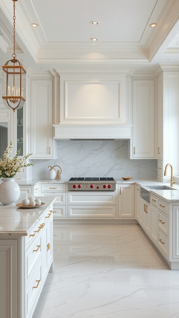 A bright and elegant white kitchen featuring marble countertops and gold accents.