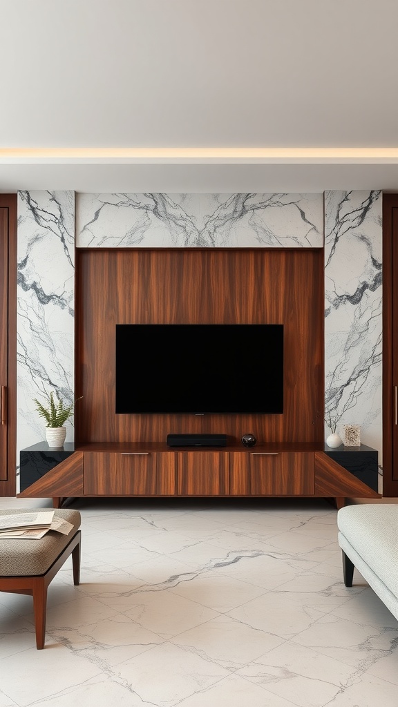 A luxurious entertainment center featuring rich wood and marble finishes.