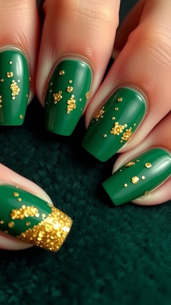 Green nails with gold glitter accents.