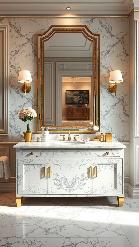 Luxurious marble vanity with gold accents and a large mirror