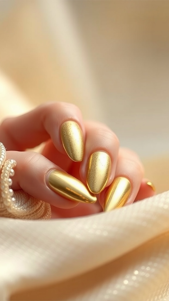 Short almond nails with a luxurious metallic gold finish