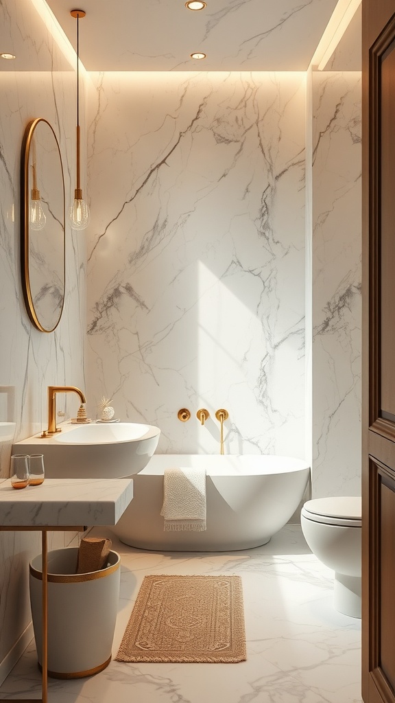 A luxurious half bathroom featuring marble walls, gold accents, and elegant lighting.