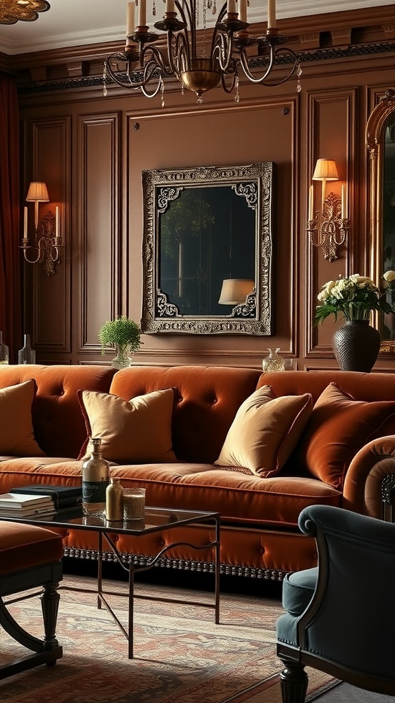 Elegant living room featuring a brown velvet couch with decorative pillows.