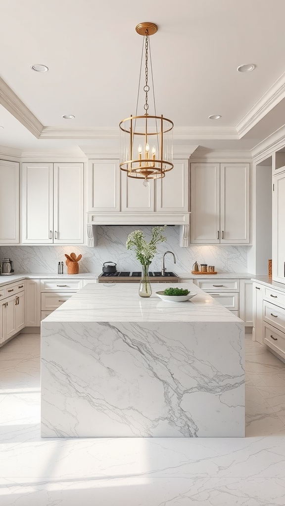 A kitchen featuring a marble island countertop with elegant lighting and cabinetry.
