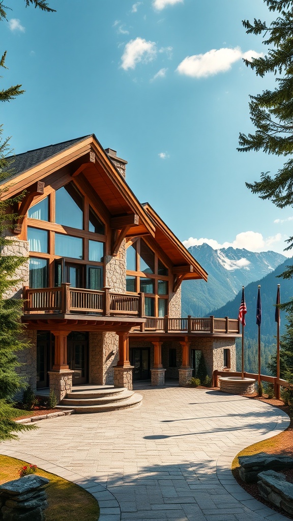 Exterior of a luxury mountain lodge with wooden and stone elements, surrounded by trees and mountains.