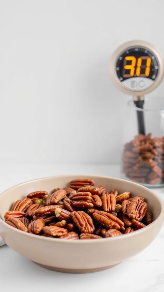 A bowl of candied pecans with a timer showing 31 minutes.