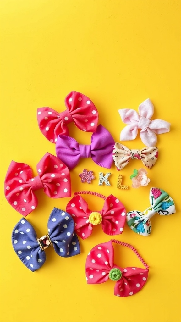Colorful hair accessories made from fabric, including bows and clips, displayed on a yellow background.