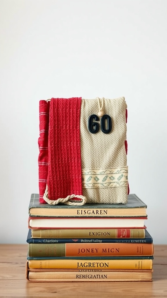 A handmade fabric book cover made from old clothes, resting on a stack of books.