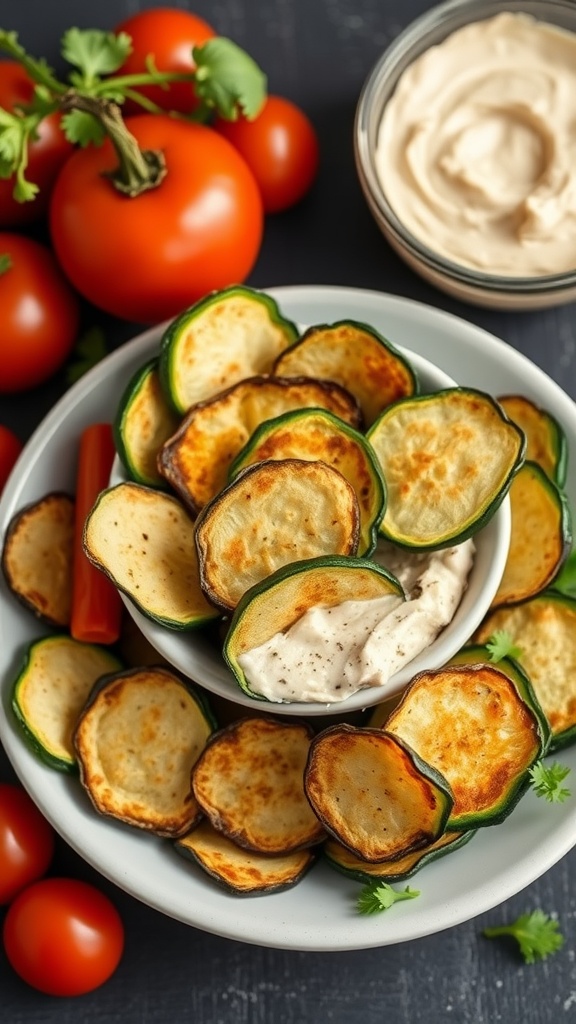 A plate of fried zucchini slices served with a creamy dip, surrounded by fresh tomatoes and herbs.