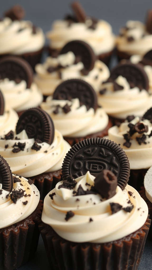 Mini Oreo cakes topped with cream cheese frosting and crushed Oreos.