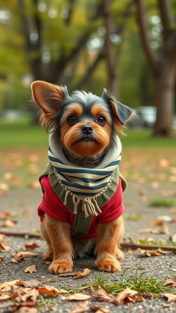 A small dog wearing a red sweater and scarf, sitting on a path surrounded by autumn leaves.