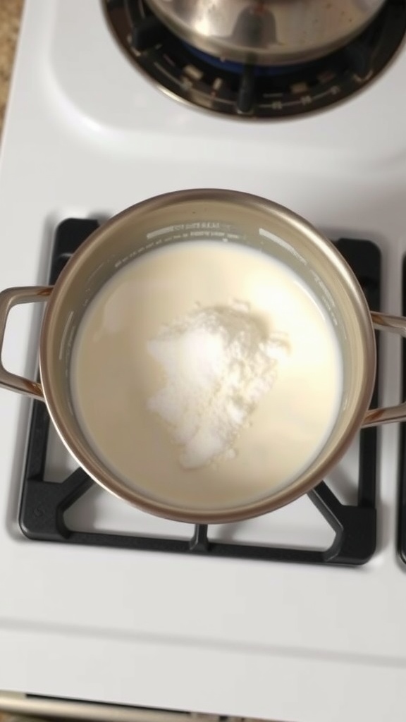A pot containing coconut milk and sugar on a stove, preparing a coconut sauce.