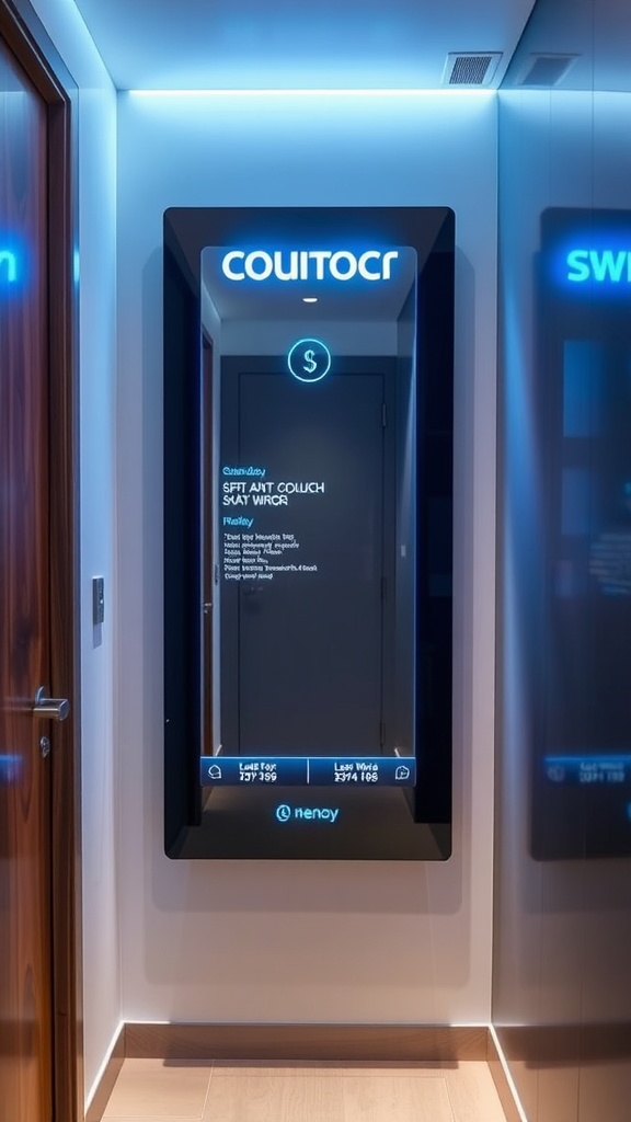 A smart mirror in a small hallway, showing digital information and reflections.
