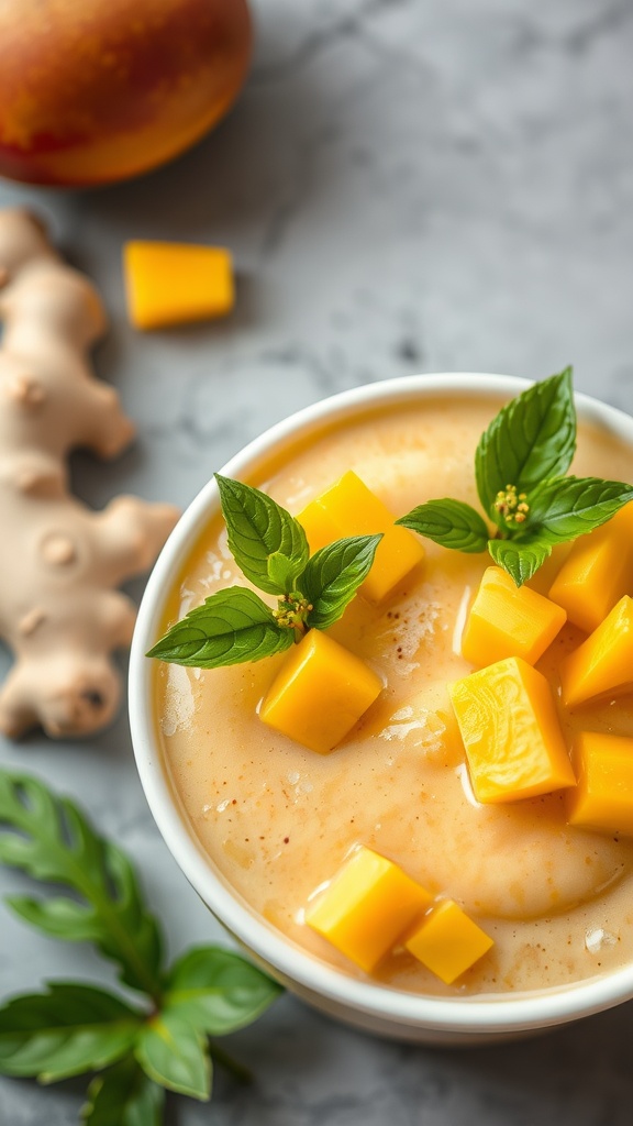A tropical mango and ginger smoothie served in a bowl with fresh mango pieces and mint leaves.