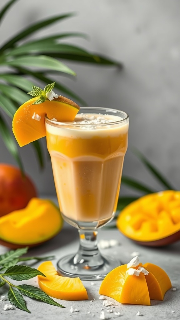 A refreshing mango coconut smoothie in a glass with mango slices and coconut flakes.