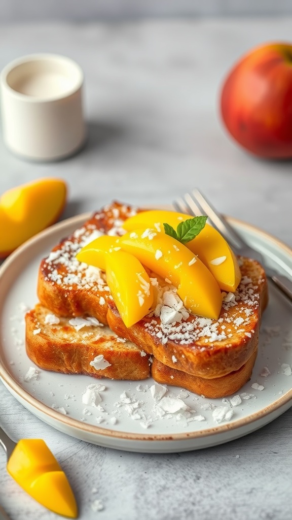 Delicious mango coconut French toast topped with fresh mango slices and shredded coconut.