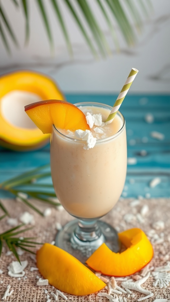 A tropical smoothie with mango and coconut flavors