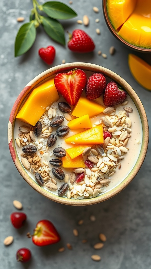 A vibrant mango coconut smoothie bowl topped with fresh fruits and granola.