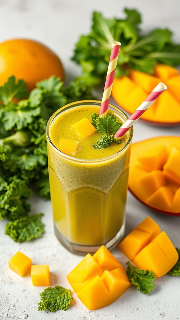 A refreshing mango kale smoothie with vibrant colors and straws.