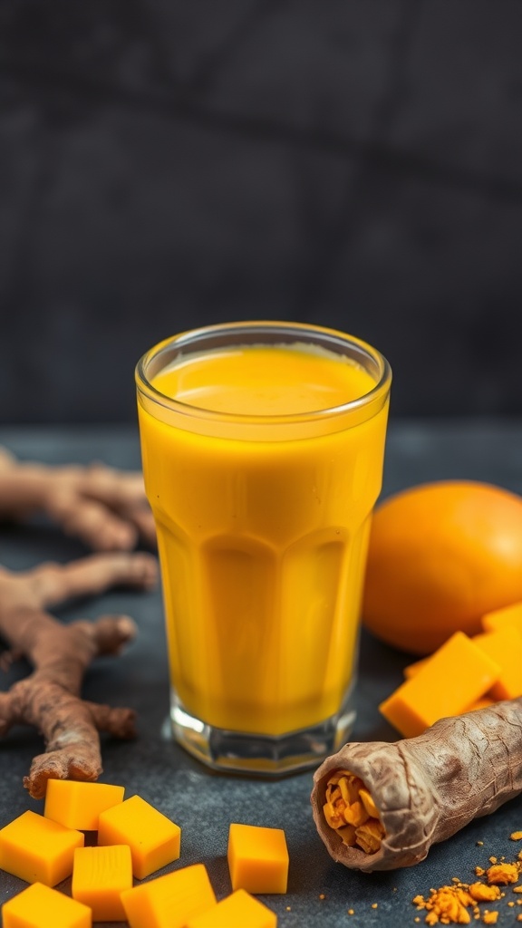 A vibrant glass of mango turmeric smoothie with fresh ingredients around it.