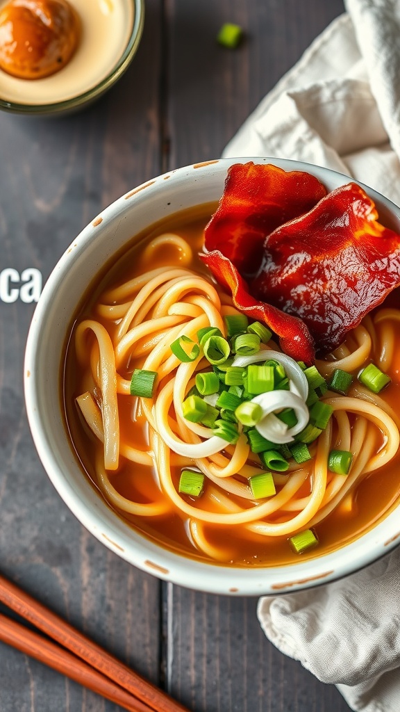 Bowl of maple bacon ramen topped with green onions and crispy bacon