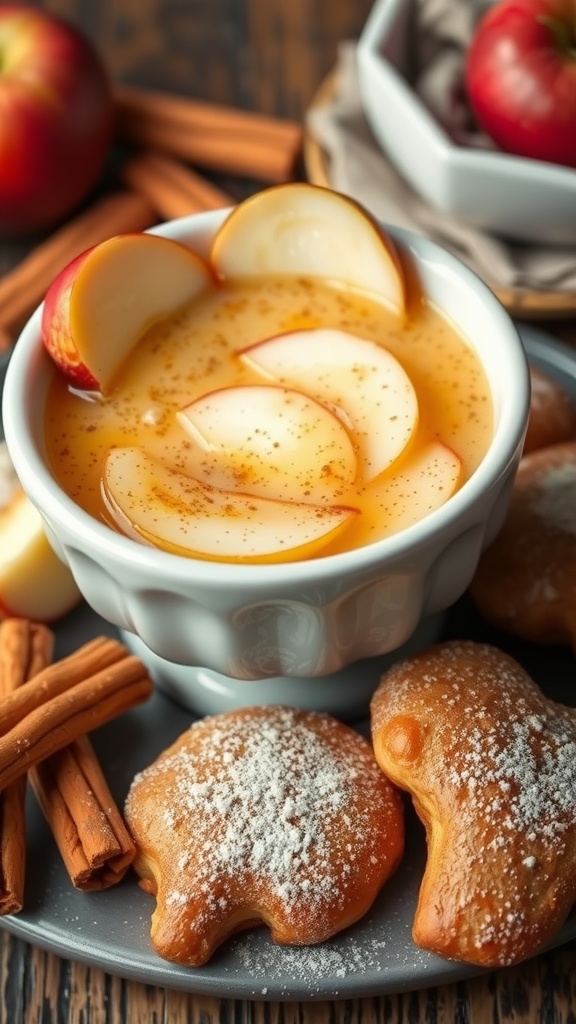 A bowl of maple cinnamon fondue with apple slices and pastries on a plate, surrounded by cinnamon sticks.