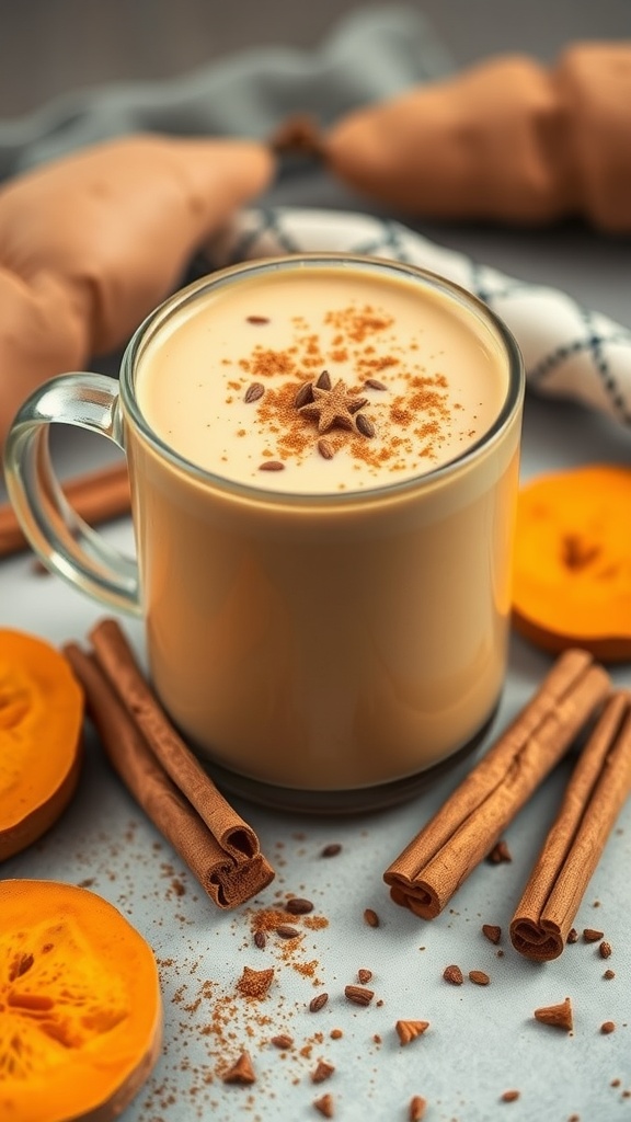 A creamy Maple Cinnamon Sweet Potato Smoothie topped with cinnamon and served in a glass.