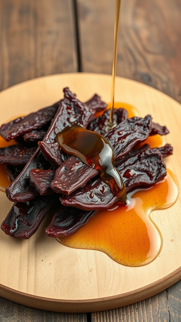 Maple glazed beef jerky on a wooden plate with maple syrup drizzling over it.