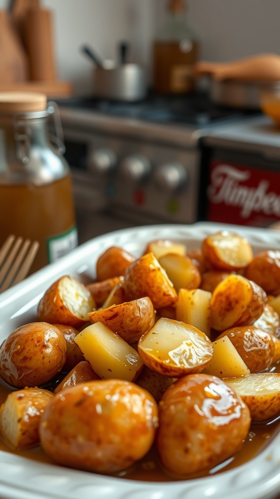 Maple glazed mini potatoes on a white platter