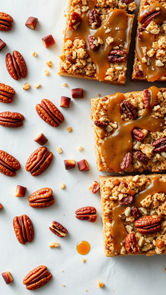 Maple Pecan Crunch Bars with pecans and caramel drizzle