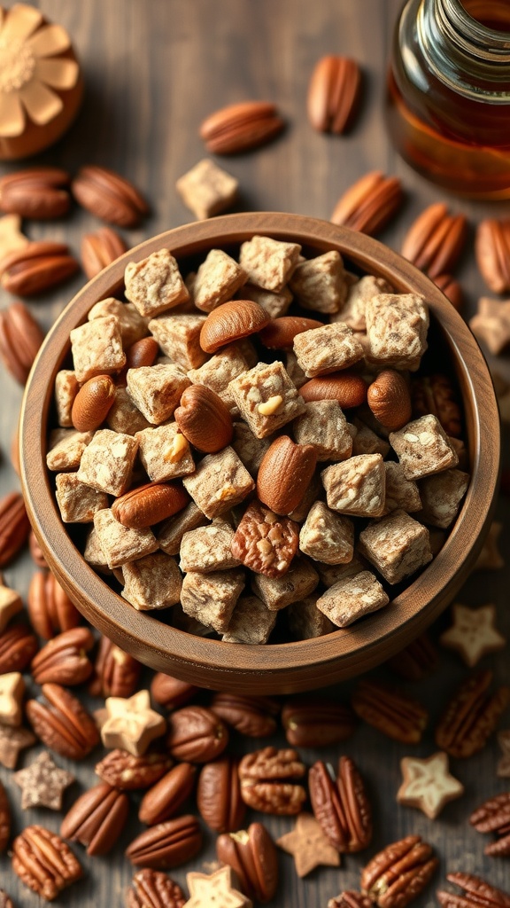 A bowl of Maple Pecan Muddy Buddies surrounded by pecans and maple syrup.