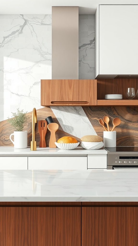 A stylish kitchen featuring a marble and wood backsplash with modern decor.