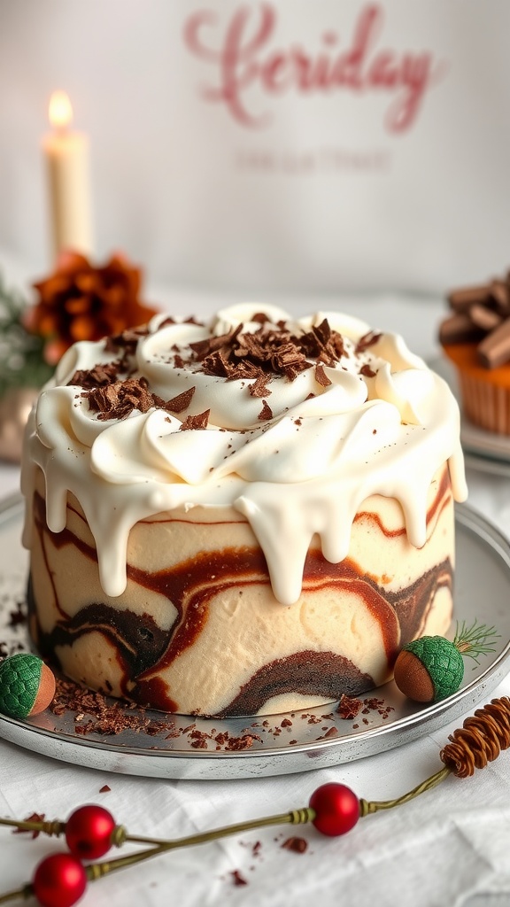 A beautifully decorated marble cake with whipped cream and chocolate shavings on top, set on a festive table.